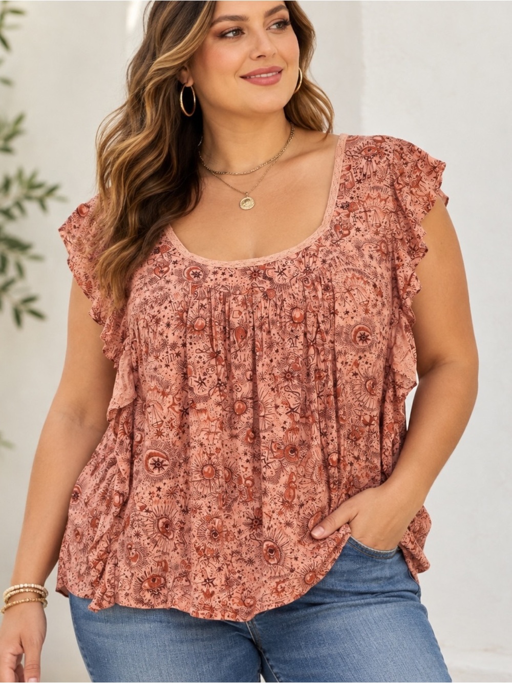 Jessica Simpson 3X Celestial Print Boho Ruffle Blouse Pink Scoop Neck